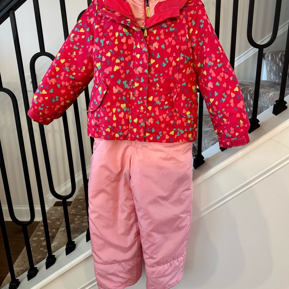 3 piece Colorful Heart Print Jacket, Fleece Jacket and Pink Snowbib Set